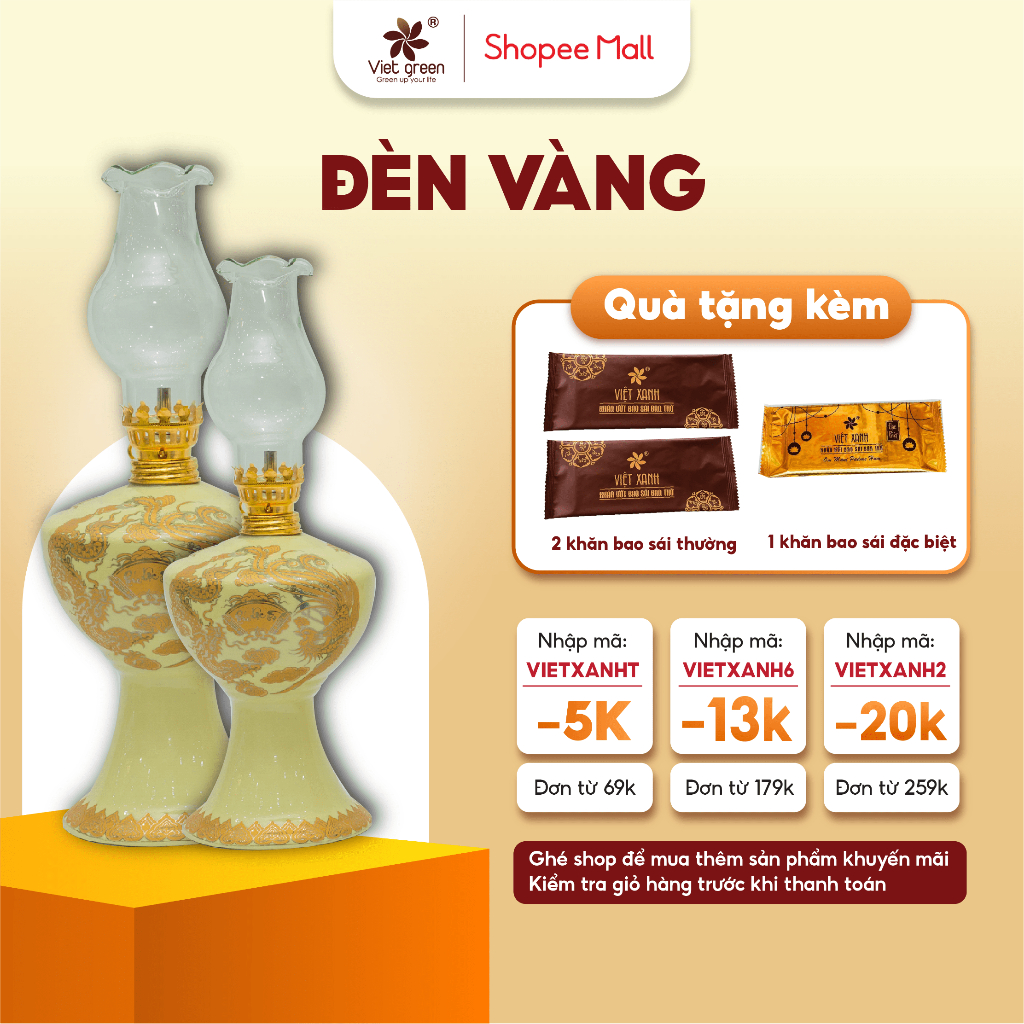 Đèn Vàng VIỆT XANH Gốm Sứ Bát Tràng Cao Cấp Họa Tiết Tinh Xảo, Thờ Thần Tài, Thờ Gia Tiên