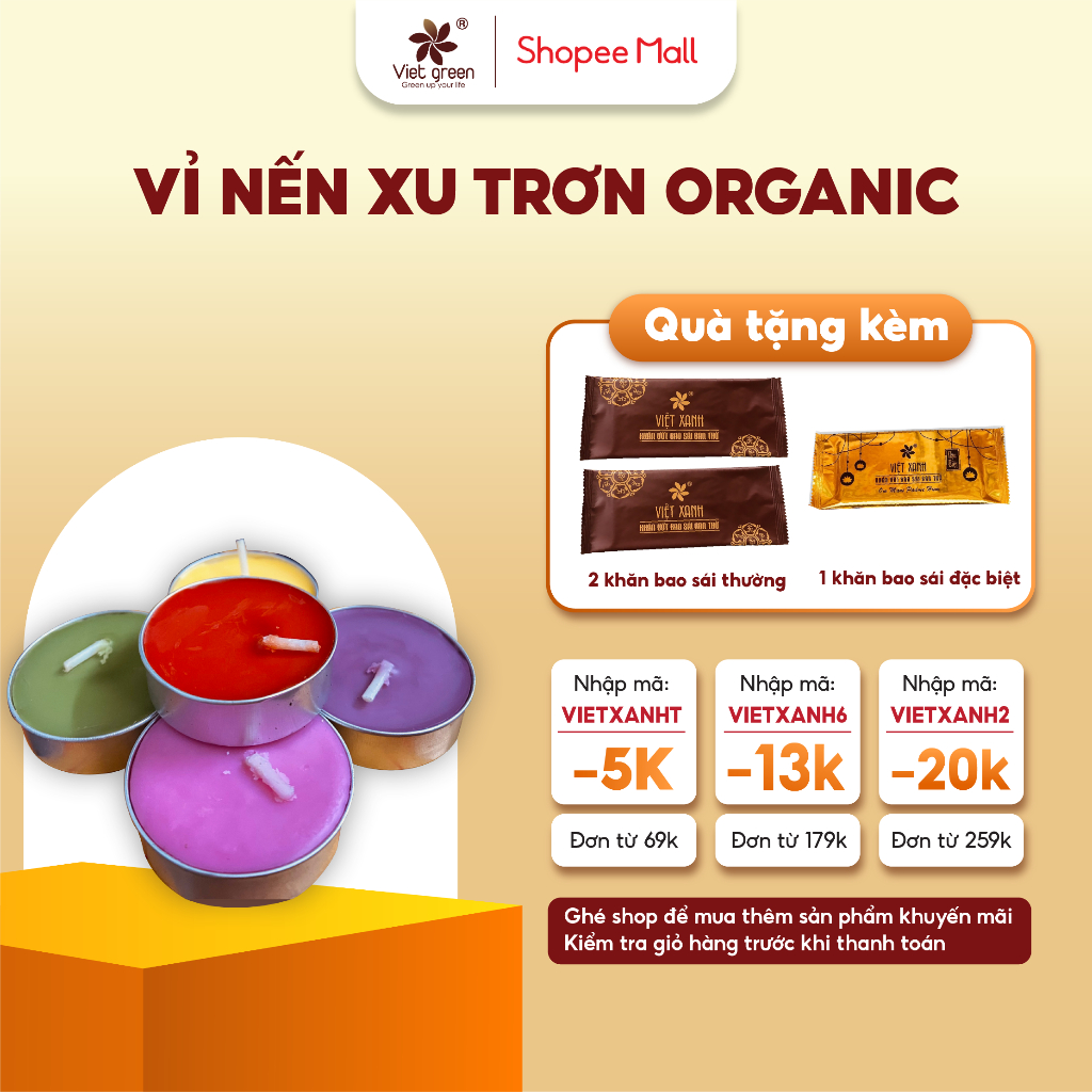 Nến Bơ Tealight VIỆT XANH Nến Hữu Cơ, Viên Tròn Đốt 4 Giờ Xông Tinh Dầu Không Khói, Không Mùi, An Toàn Sức Khoẻ C1