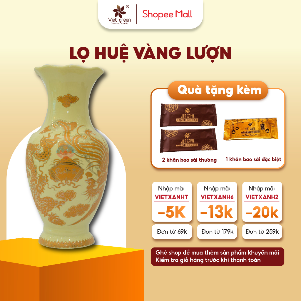 Lọ Lượn Vàng VIỆT XANH Gốm Sứ Bát Tràng Cao Cấp, Họa Tiết Tinh Xảo Trang Trí Ban Thờ Thần Tài, Thờ Gia Tiên