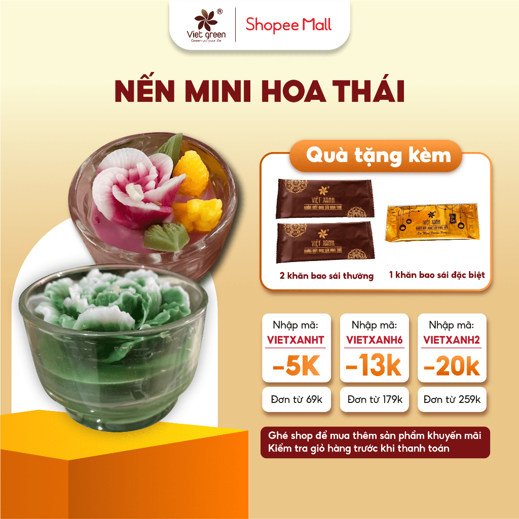 Cốc Nến Hoa Mini VIỆT XANH Nến Hữu Cơ Organic Đốt 8 Tiếng An Toàn Sức Khoẻ Không Khói Đen Mùi Thơm Nhẹ Nhàng C3 C4