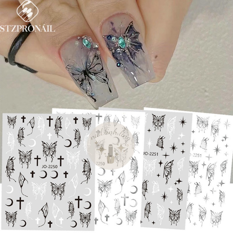 Miếng Dán Móng Sticker Hình Bướm, Ngọn Lửa, Dải Lụa, Mặt Trăng Trắng Đen Trang Trí Móng, Phụ Kiện Nail