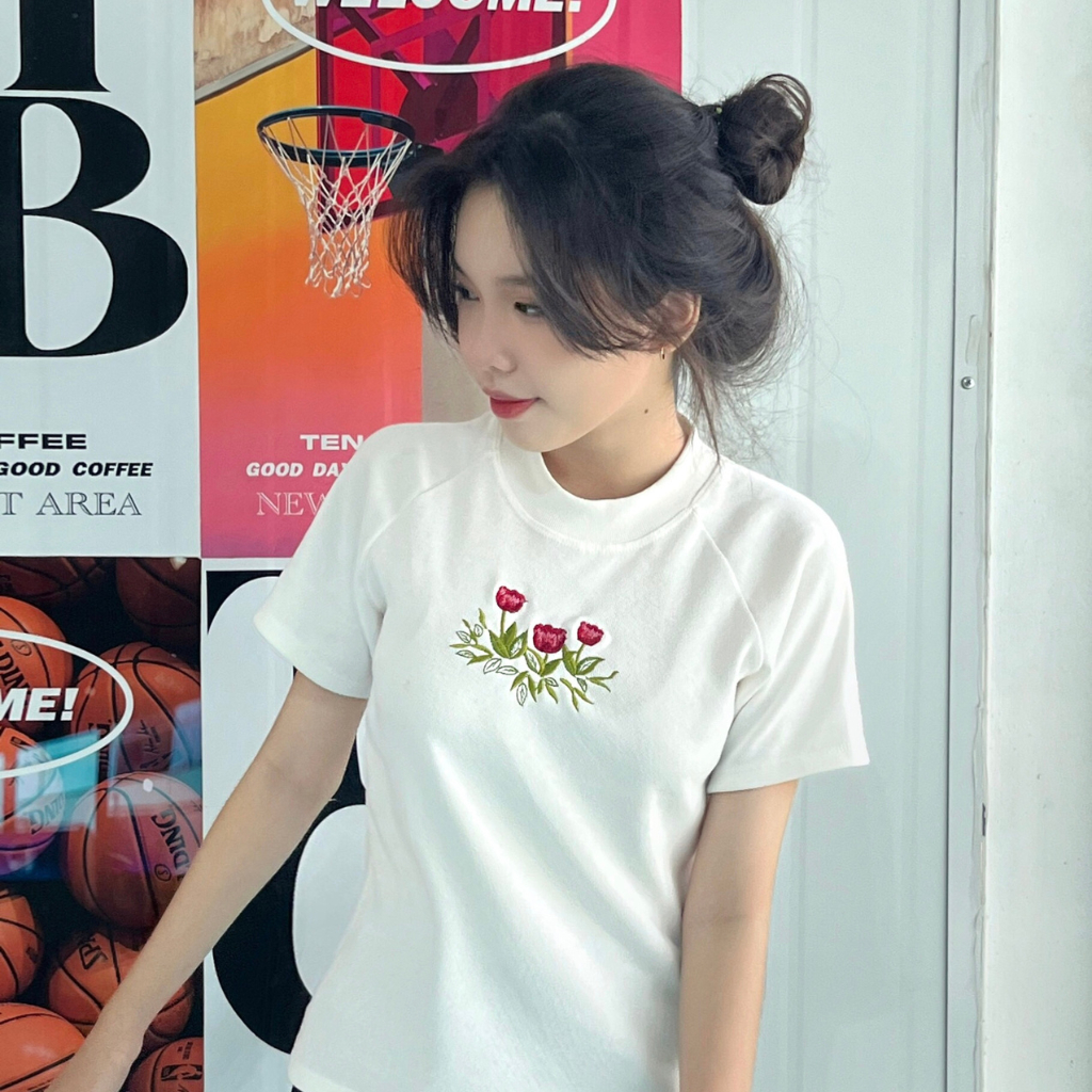 [Mã FATREND02 giảm đến 30k đơn 99k] Áo Thun Baby Tee Thêu Hoa Nữ Unisex Local Brand | BigBuy360 - bigbuy360.vn