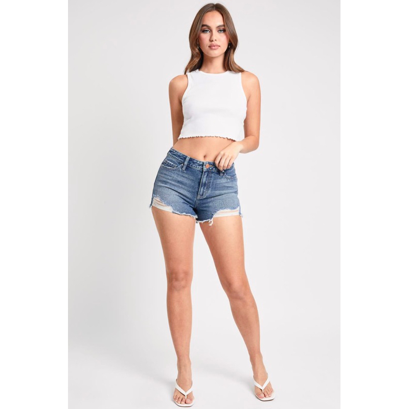 Quần Short Jeans Bò Nữ Lưng Vừa Gấu Tua Rua Rách Nhẹ VIGOSS Hàng Xuất Xịn Cao Cấp Mịn Đẹp Dày Nặng Tay Xanh Đậm