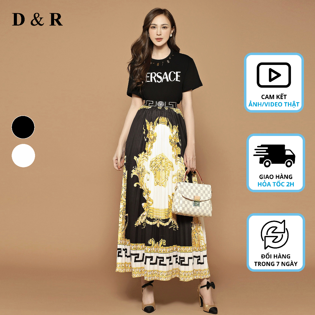 Set chân váy xếp ly áo thun đính hạt Quảng Châu cao cấp D&R Fashion S024