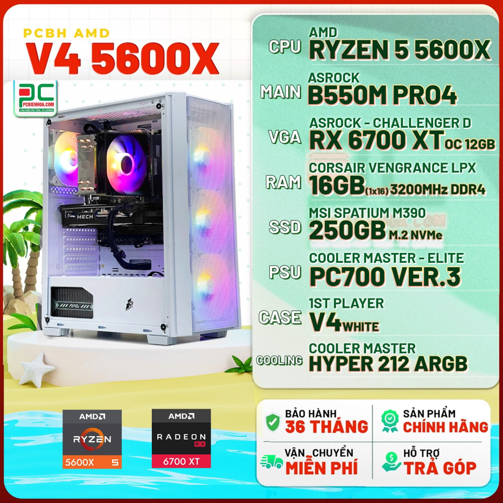 Bộ máy tính bàn - PCBH AMD V4 5600X ( RYZEN 5 5600X / B550M / RX6700XT 12GB / 16GB / 250GB )- Hàng chính hãng 36T