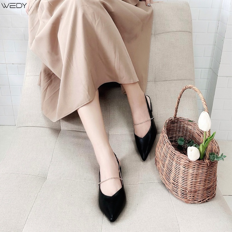 Giày Bệt Hở Gót Tiểu Thư Sang Trọng, Giày Cao Gót Dáng Slingback Mũi Nhọn Gót Vuông 3 Phân WD2319