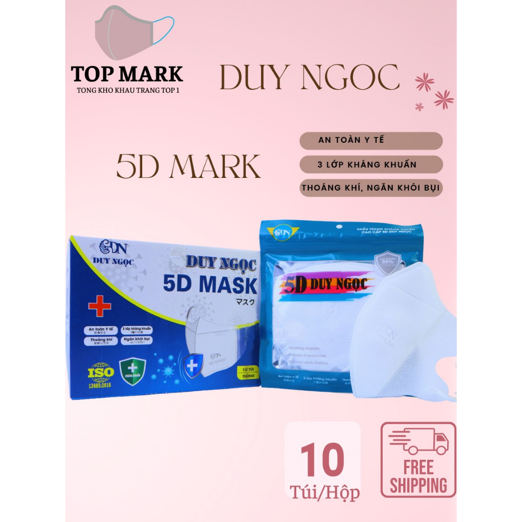 Khẩu trang 5D Duy Ngọc kháng khuẩn, chống bụi dành cho người lớn, combo 50c 100c 200c, TopMask