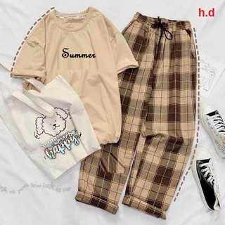  Sét Quần Áo Nữ DVGIT Áo Thun In Gấu Tham Ăn Chất Liệu Cotton Thoáng Mát Quần Kẻ Karo Thời Trang Hàn Quốc