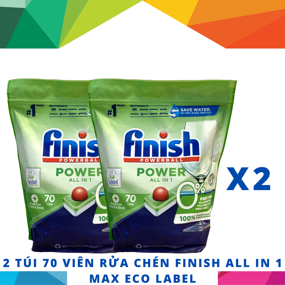 2 Túi 70 viên rửa chén Finish All in 1 Max – 0% Ecolabel EU - MỚI VỀ - 10x tính năng