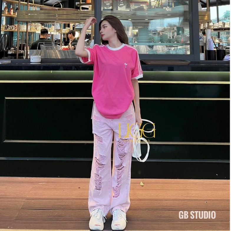 Áo thun adidas 3 sọc logo thêu form rộng chất liệu cotton