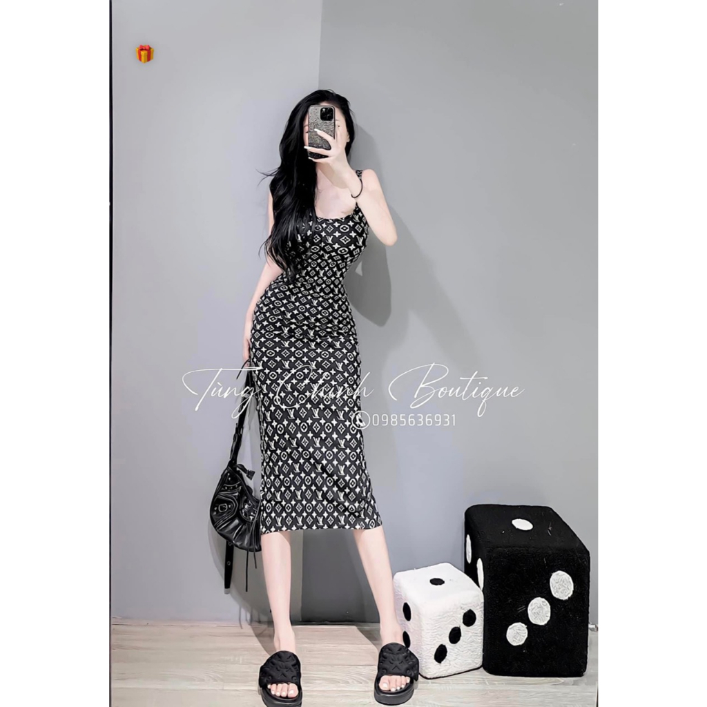 Đầm 2 dây in chữ hiệu eo vì nờ y dáng dài ôm body cực xinh , chất thun gân mềm mát
