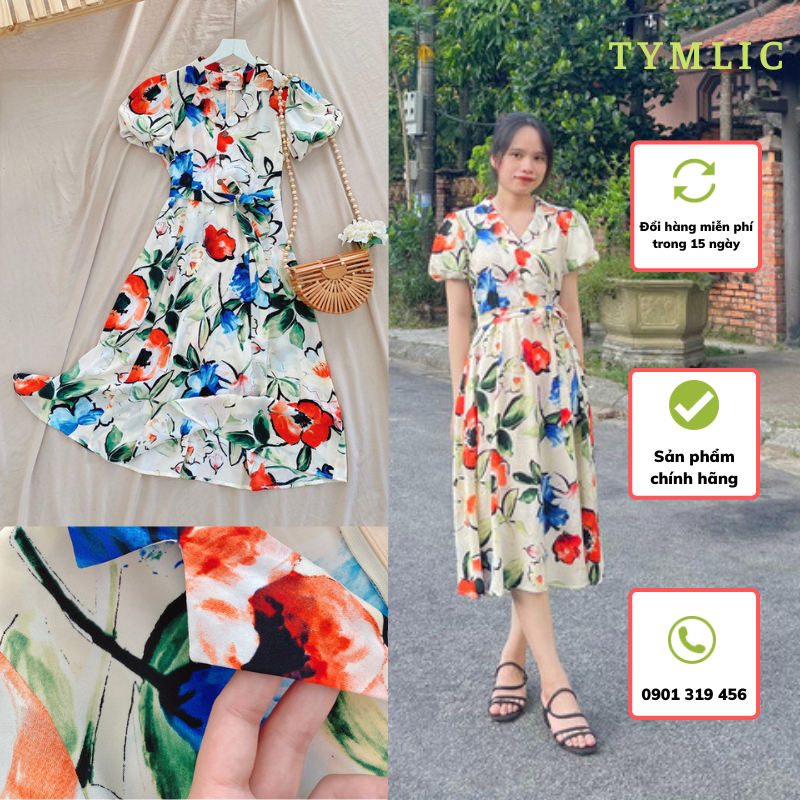 Đầm Lụa Midi Cổ Pijama Tay Bồng Nhấn Eo Nền Hoa TYMLIC