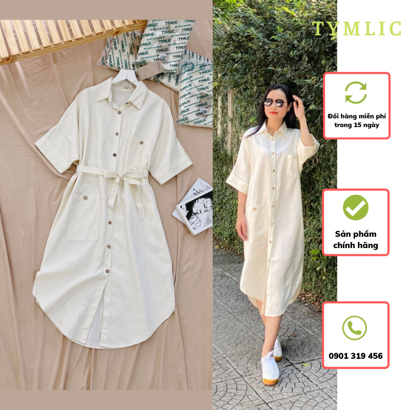Đầm Suông Sơ Mi Kèm Đai Màu Trắng Kem Freesize TYMLIC