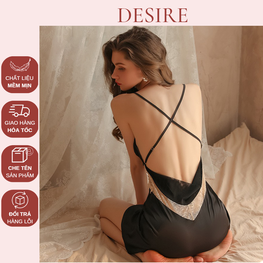 Váy ngủ lụa Desire Đầm ngủ hai dây lụa phối ren gợi cảm sexy VN-1615-1