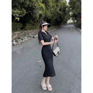 Đầm thun body cổ sơ mi trắng / đen