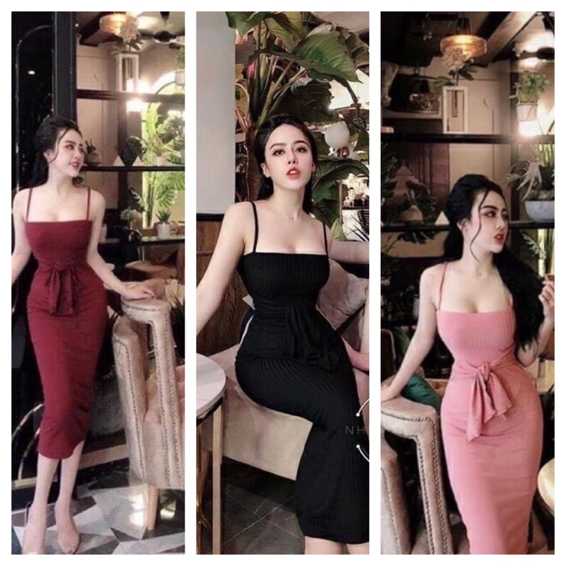Váy đầm nữ 2 dây ôm body xẻ sau form dài buộc nơ xinh xắn chất liệu mềm mại
