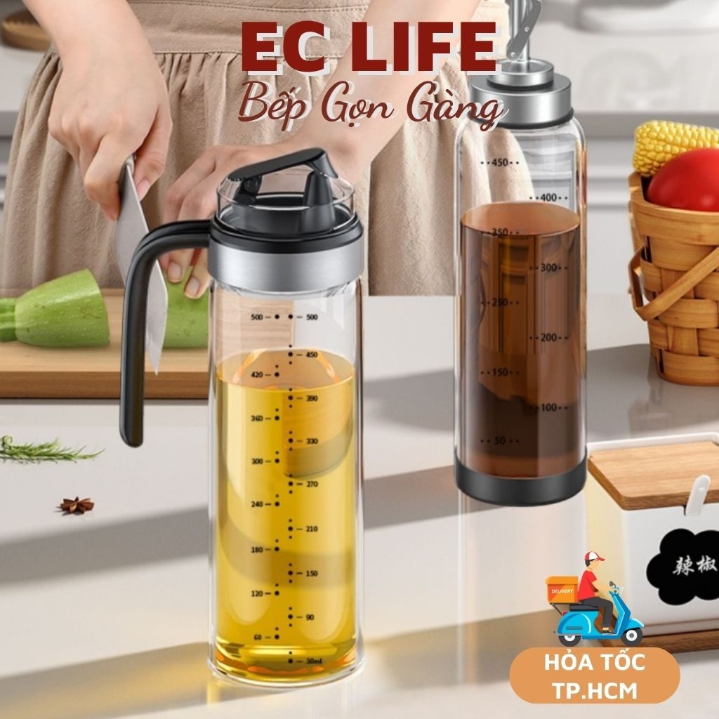 Chai đựng dầu ăn, bình đựng dầu ăn nước mắm bằng thủy tinh nắp trọng lực tự rót EC Life 0206
