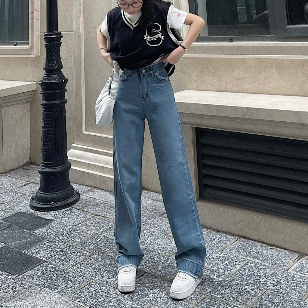 Quần jeans nữ ống rộng lưng cao CARI tua rách phong cách ulzzang – Tuni Store
