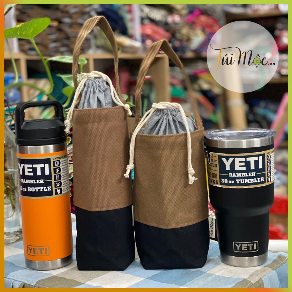 Túi đựng bình giữ nhiệt, cốc nước Đen - Nâu đất handmade tự thiết kế vải bố Canvas cực bền