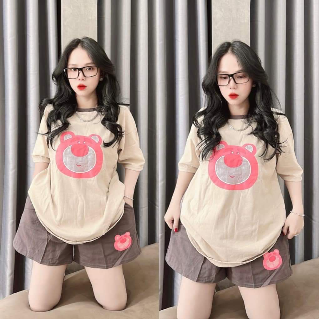 Set Đùi Cotton Áo Thêu Gấu Mặc Nhà Bigszie