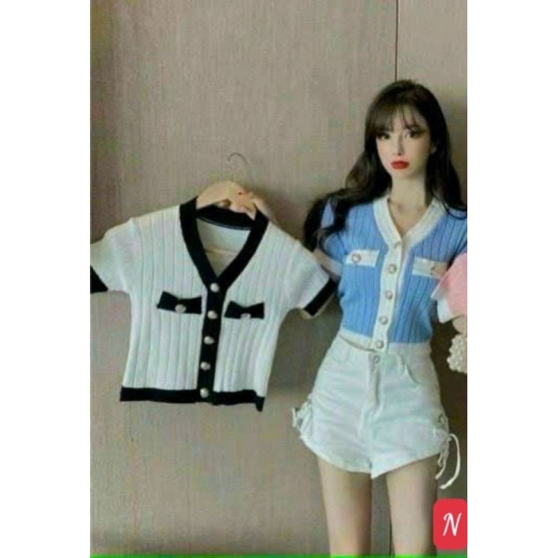 Áo croptop gân tăm ngắn tay nữ cổ tim viền khuy giữa cúc cài co giãn, from 36-50 ký vừa