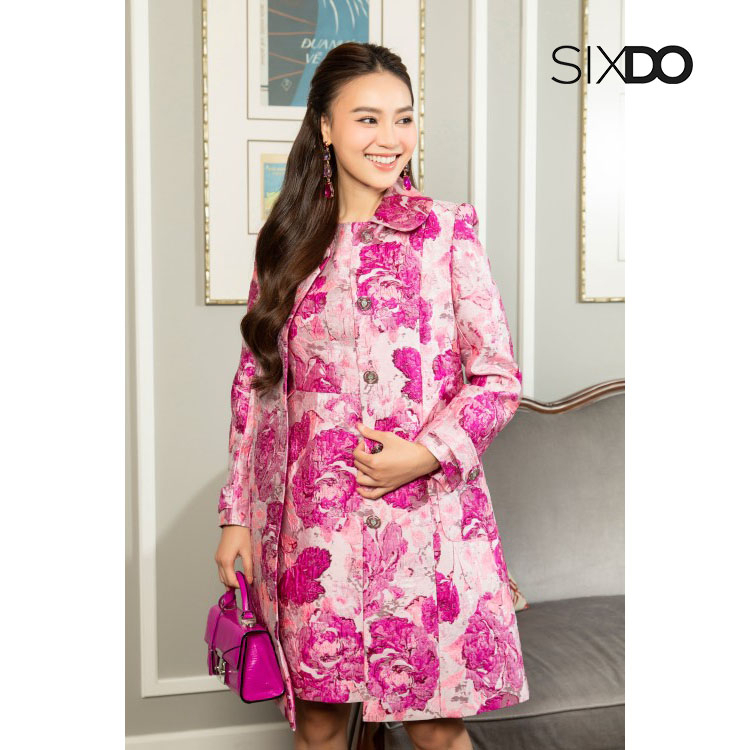 Áo khoác gấm dáng dài sang trọng SIXDO (Murrey Floral Long Brocade Coat)