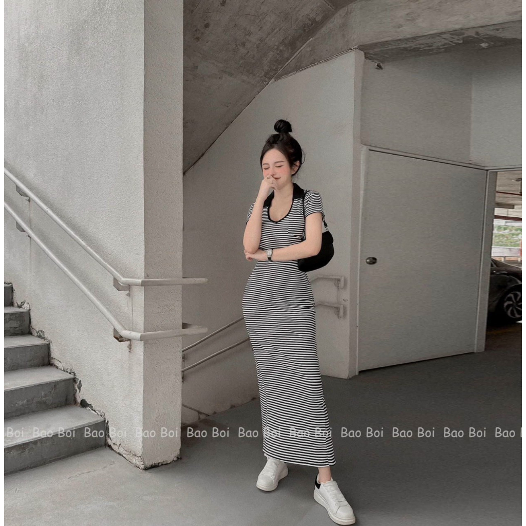 Đầm Body Sọc Ngang Dáng Dài Cổ Bẻ Khoe Dáng,Đầm Gân Xẻ Tà Sau Thích Hợp Mặc Đi Tiệc Đi Chơi