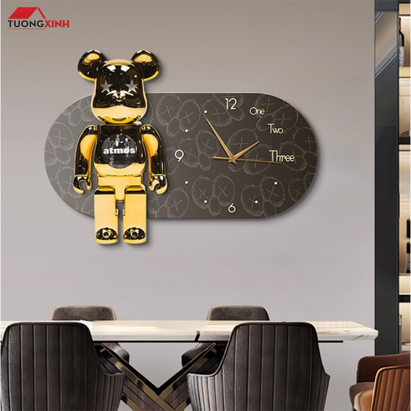 Đồng hồ treo tường Gấu Bearbrick KAWS tráng gương cao cấp decor trang trí nhà cửa