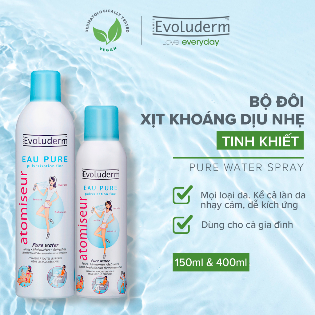 Bộ xịt khoáng dưỡng da cấp ẩm Evoluderm Atomiseur Eau Pure 400ml và 150ml