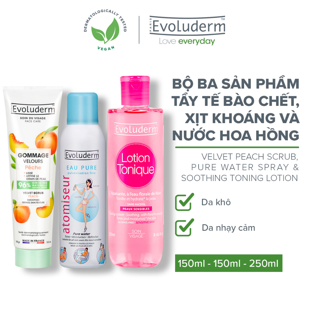 Bộ sản phẩm cấp ẩm dưỡng da và tẩy tế bào chết dành cho mặt Evoluderm 12206, 3061, 3020