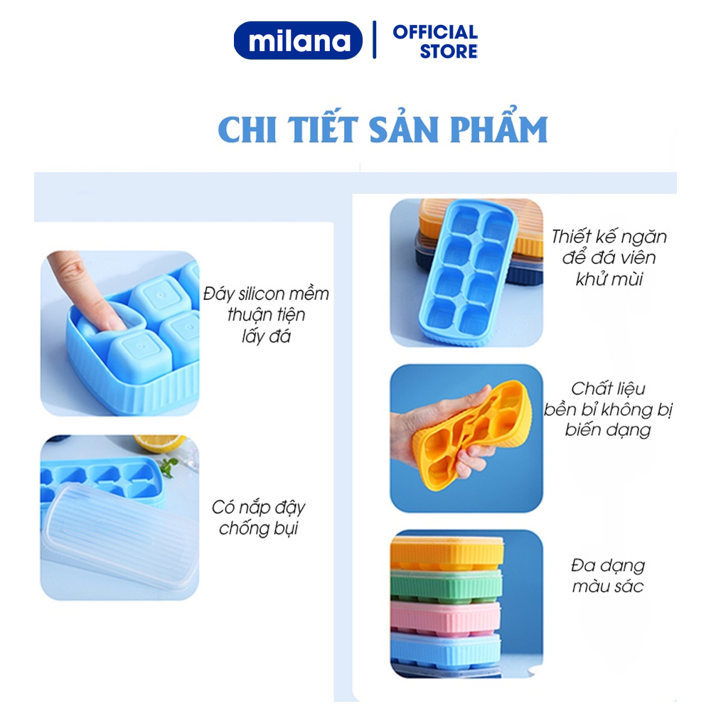 Khay đá silicone 8 ngăn có nắp ngăn mùi, khuôn làm thạch hoa quả tiện lợi dễ dàng