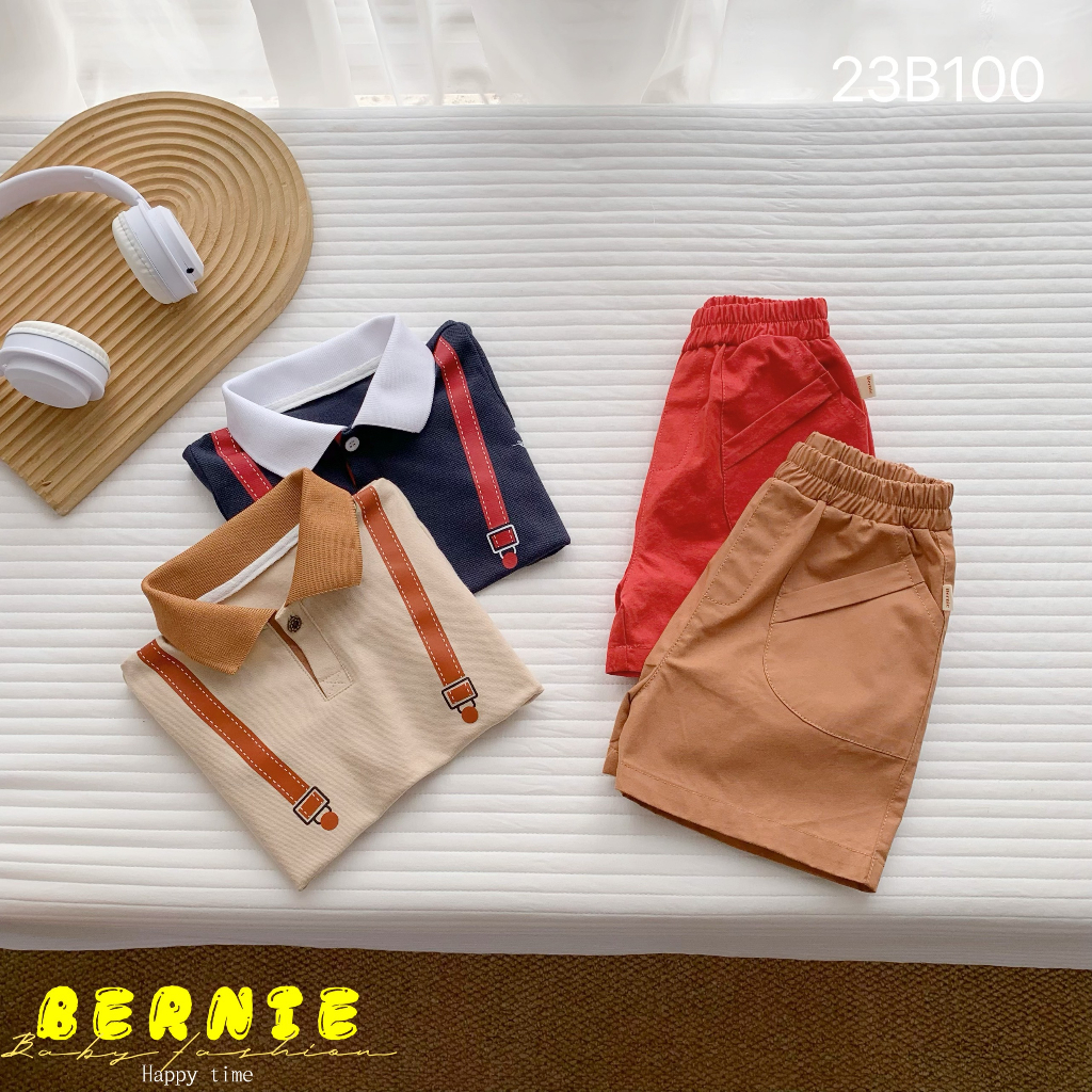 Bộ công tử áo polo cộc tay phối quần thô Bernie cho bé trai
