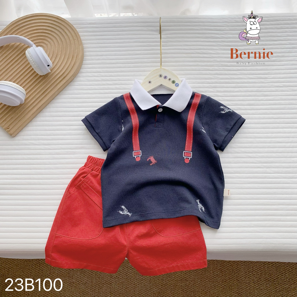 Bộ công tử áo polo cộc tay phối quần thô Bernie cho bé trai
