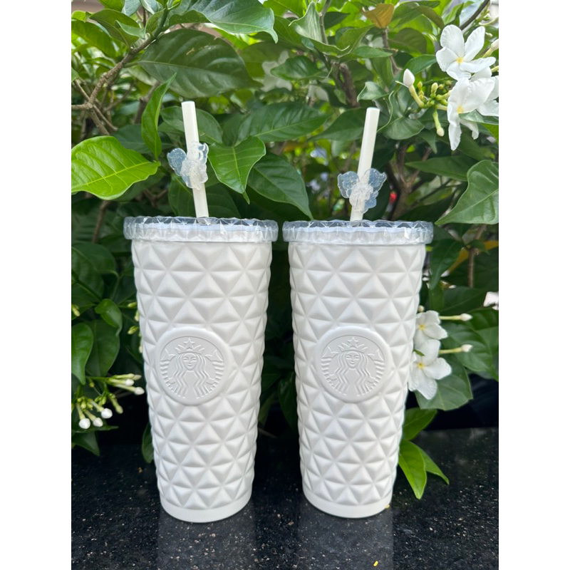 Ly inox giữ nhiệt trắng hoa stopper LiLy LinhLan starbucks