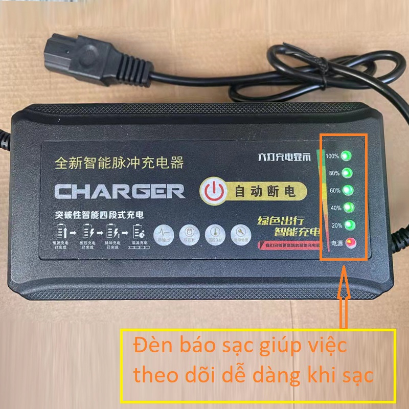 Sạc xe điện 48V12A - 48V20A - 60V20A tự ngắt khi đầy chồng phồng chai pin có quạt tản nhiệt đèn hiển thị % khi sạc