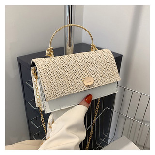 Túi xách cầm tay đeo chéo ulzzang quai kiềng size 20 da pu phối cói đan dáng ngang mã 9809 khoá cúc kim loại