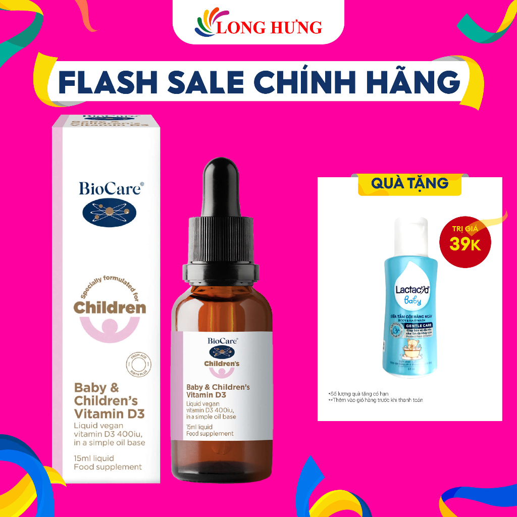 Vitamin dạng giọt Biocare Baby & Children's Vitamin D3 tăng cường sức đề kháng (15ml)