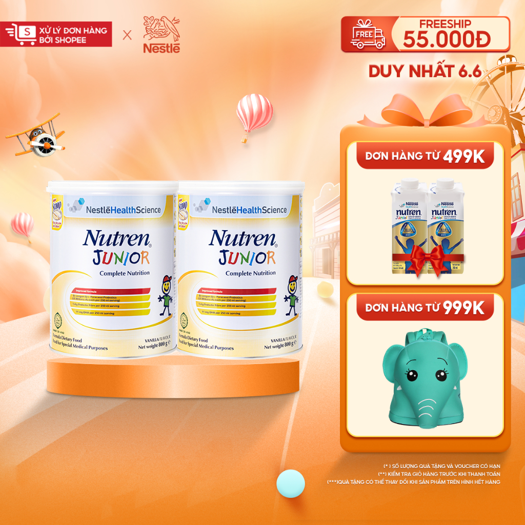 Combo 2 lon thực phẩm dinh dưỡng Nutren Junior Thụy Sĩ hỗ trợ tăng cân tiêu hóa tốt cho trẻ từ 1 đến 10 tuổi 800g/lon