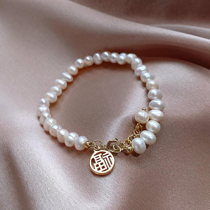 Vòng tay ngọc trai nhân tạo nữ Lamer Accessories mặt tròn mạ vàng 18K phụ kiện trang sức thanh lịch - VT50