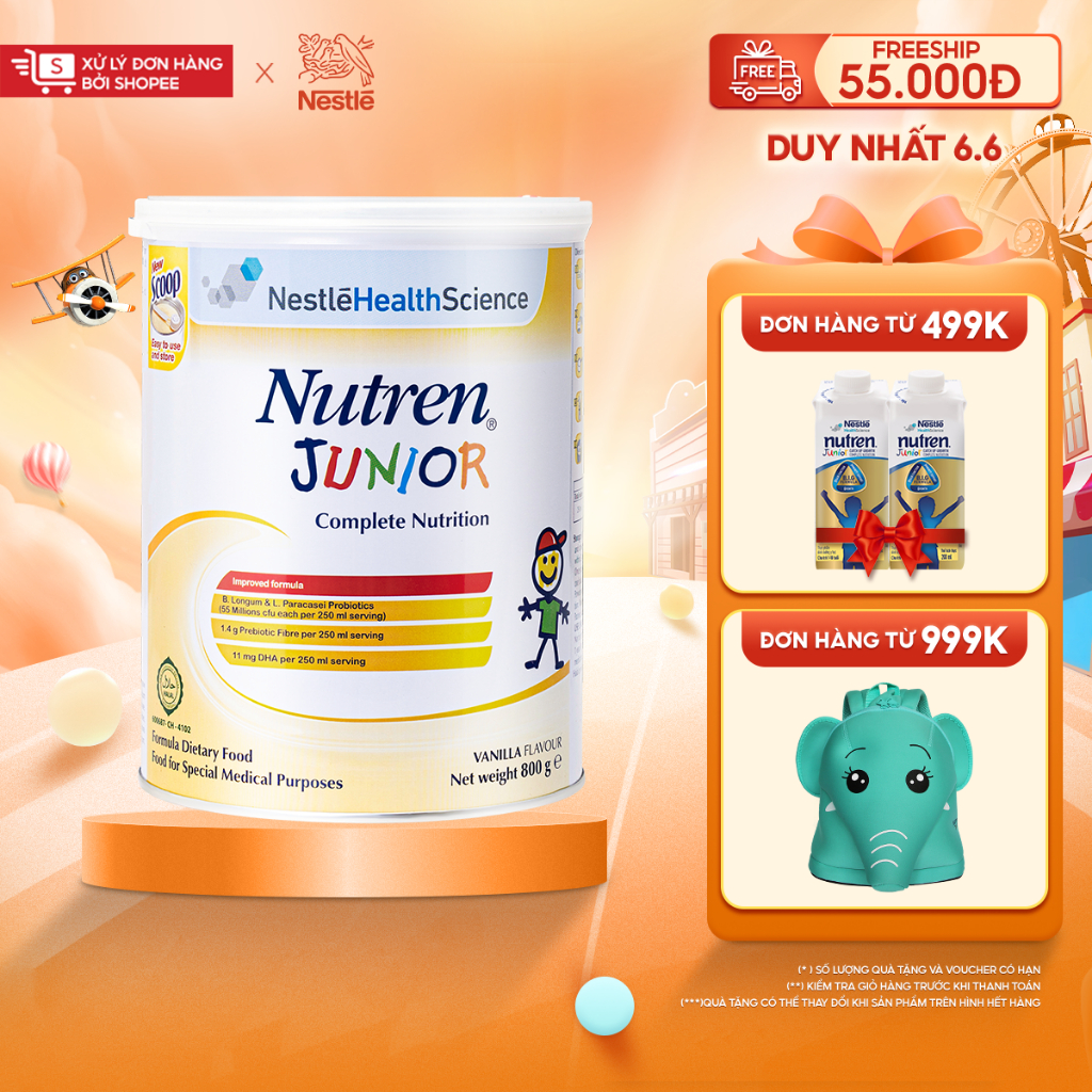 Thực phẩm dinh dưỡng Nutren Junior Thụy Sĩ hỗ trợ tăng cân tiêu hóa tốt cho trẻ từ 1 đến 10 tuổi 800g