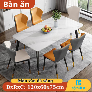 Bàn ăn mặt gỗ MDF dài 1m2 giả vân đá sang trọng, bàn chân sắt sơn tĩnh điện mẫu hiện đại nhất 2023