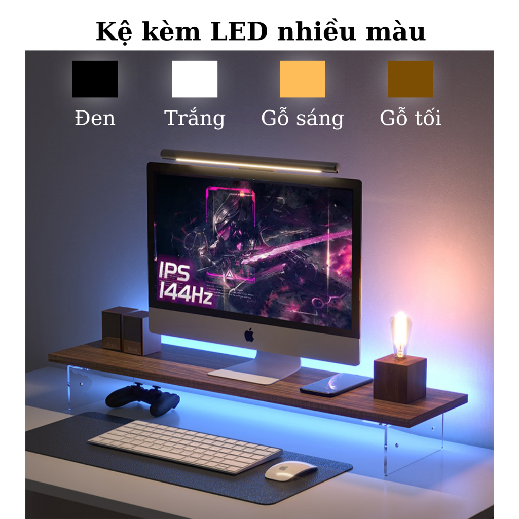 Kệ Decor bàn làm việc chân mica trong,kệ kê máy tính laptop có đèn LED RGB điều chỉnh qua điện thoại thông minh đơn giản