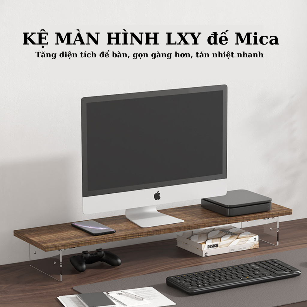 Kệ Decor bàn làm việc chân mica trong,kệ kê máy tính laptop có đèn LED RGB điều chỉnh qua điện thoại thông minh đơn giản