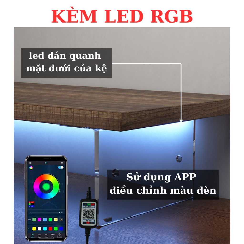 Kệ Decor bàn làm việc chân mica trong,kệ kê máy tính laptop có đèn LED RGB điều chỉnh qua điện thoại thông minh đơn giản