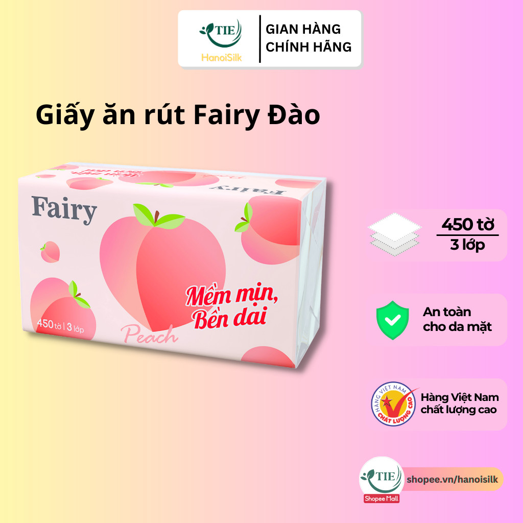 Giấy Ăn Rút Fairy Đào 450 Tờ / 3 Lớp Tiện Dụng, Khăn Giấy khổ to 100% Gỗ Tự Nhiên Mềm Mại Bền Dai An Toàn Cho Bé