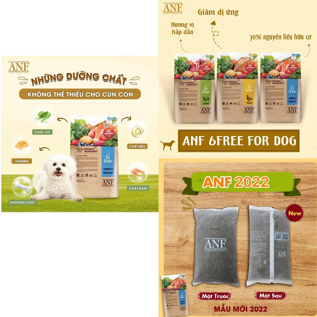 Hạt hữu cơ cho Chó  ANF 6Free Hữu Cơ 400gr Vị cá hồi/vịt/cừu