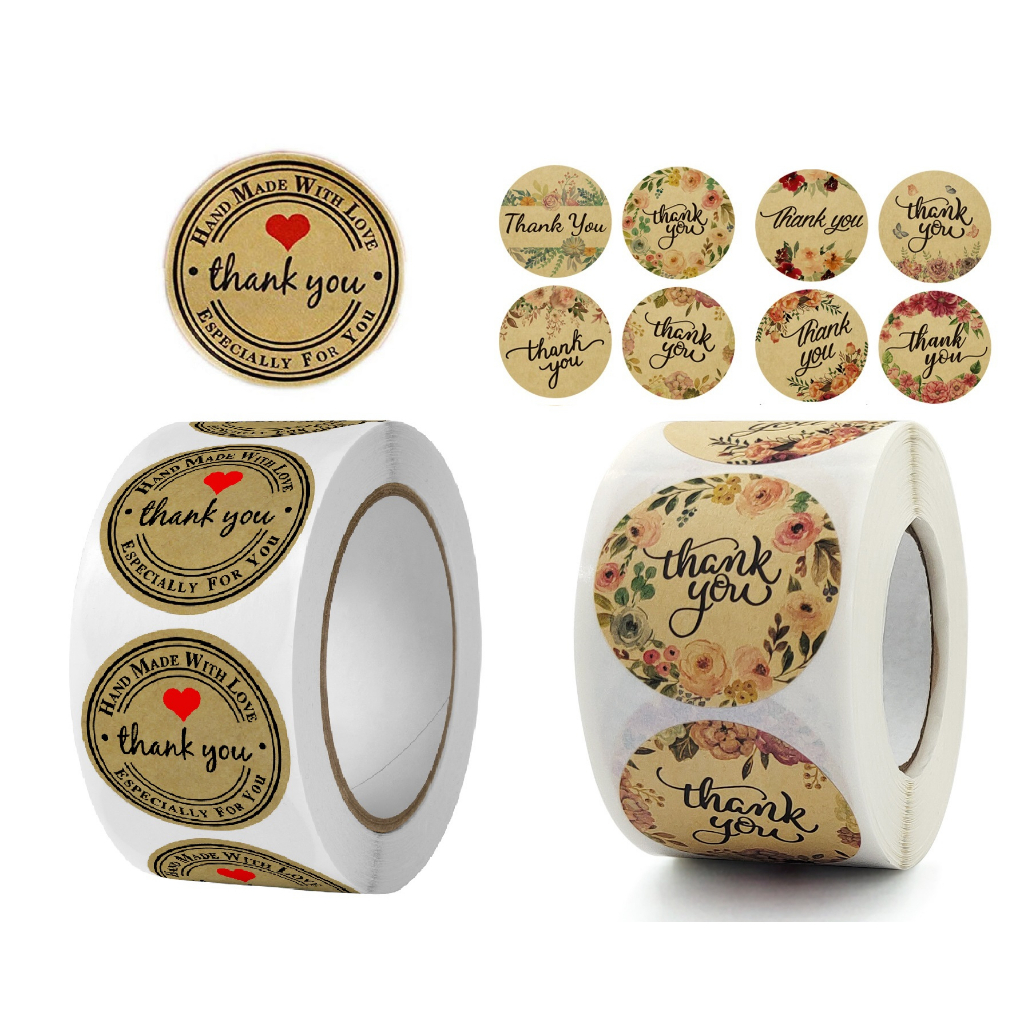 Cuộn 500 nhãn dán cảm ơn, tem Thanh you, sticker thank you kiểu dáng vintage, giấy craft đơn giản đáng yêu