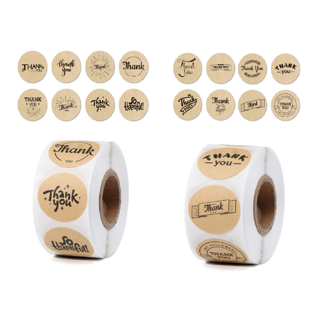 Cuộn 500 nhãn dán cảm ơn, tem Thanh you, sticker thank you kiểu dáng vintage, giấy craft đơn giản đáng yêu