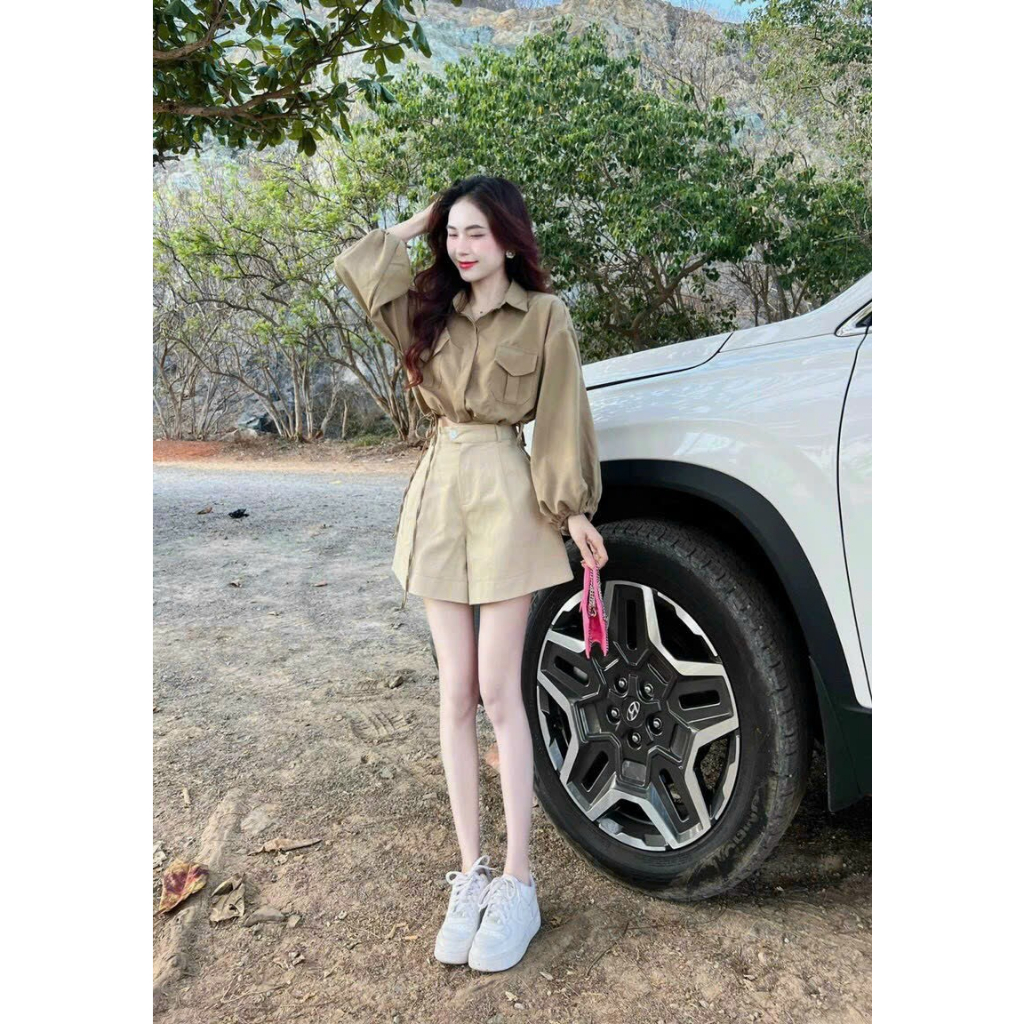 [6.6 Sales Freeship] Set áo sơ mi tay bồng rút eo cột dây croptop phối túi mix quần short đùi phồng tapda dễ thương mtb