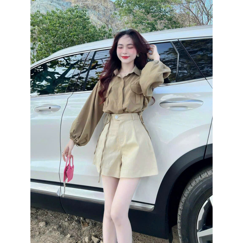 [6.6 Sales Freeship] Set áo sơ mi tay bồng rút eo cột dây croptop phối túi mix quần short đùi phồng tapda dễ thương mtb